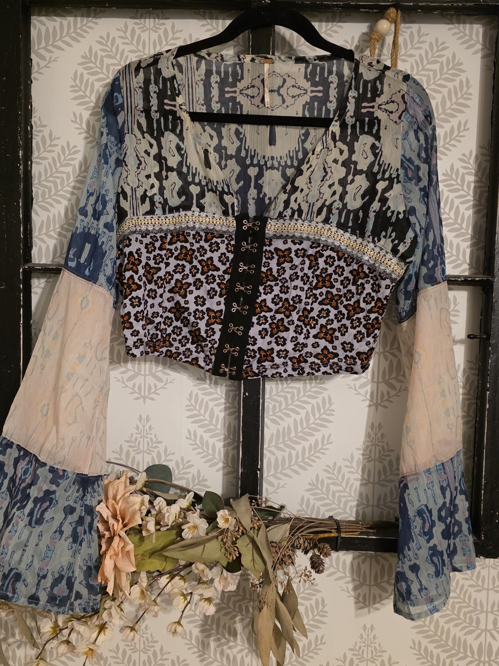 Free People Blue Black Floral Mixed-Print Bell Sleeve Crop Top
